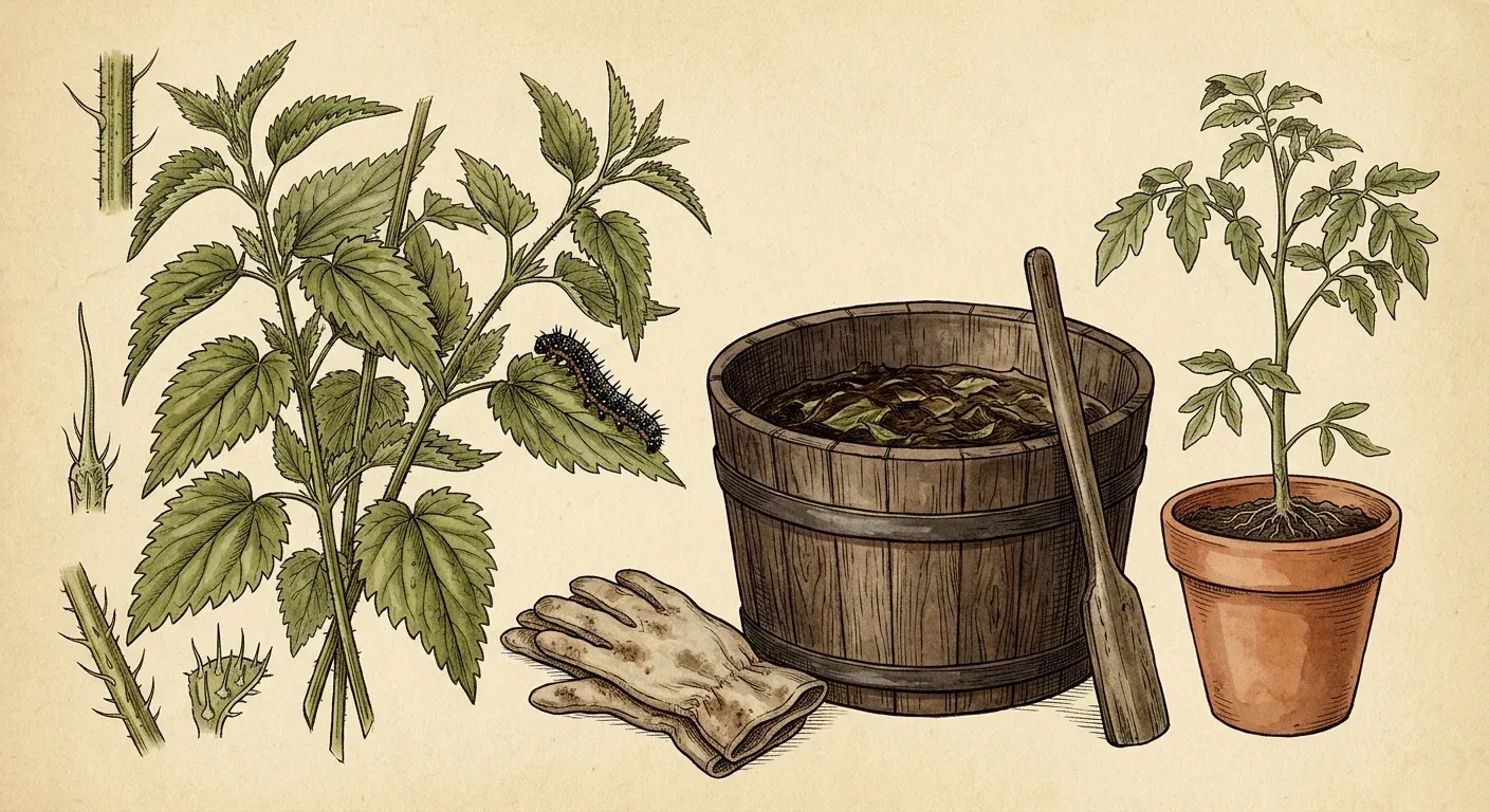 Brennnesseljauche — Illustration im Herbarium-Stil