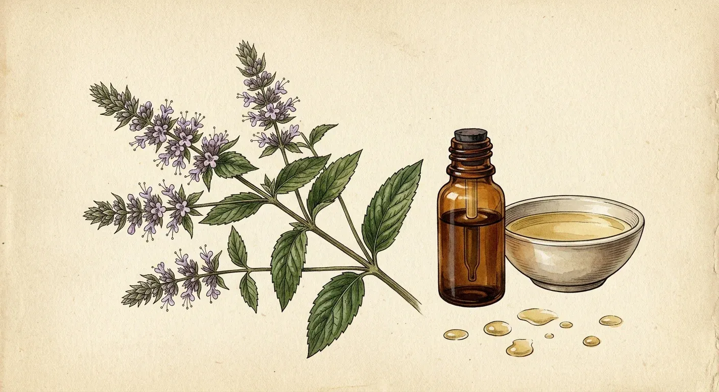 Pfefferminzöl-Stirneinreibung — Illustration im Herbarium-Stil