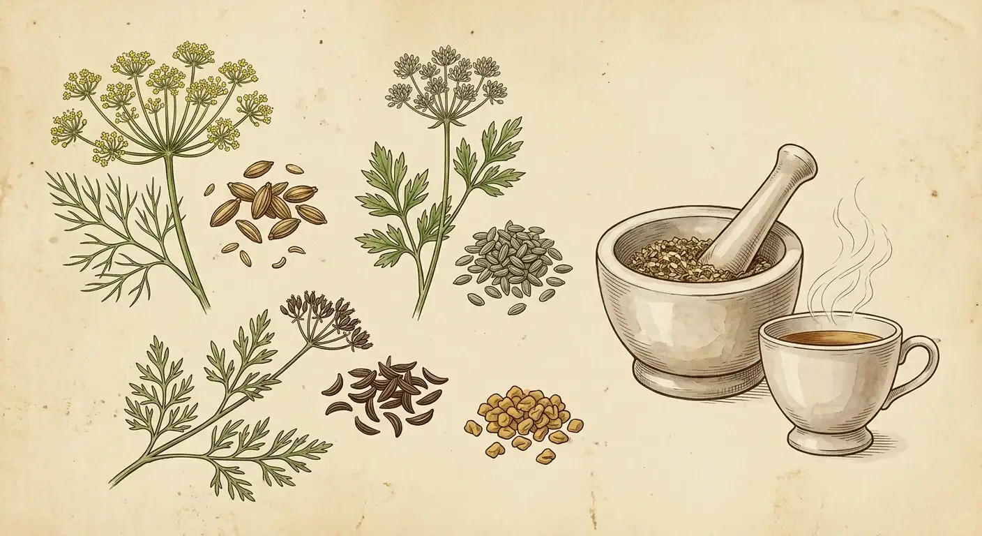 Stilltee aus Fenchel, Anis und Kümmel — Illustration
