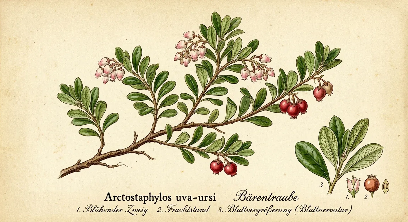 Bärentraube (Arctostaphylos uva-ursi) — botanische Illustration im Herbarium-Stil