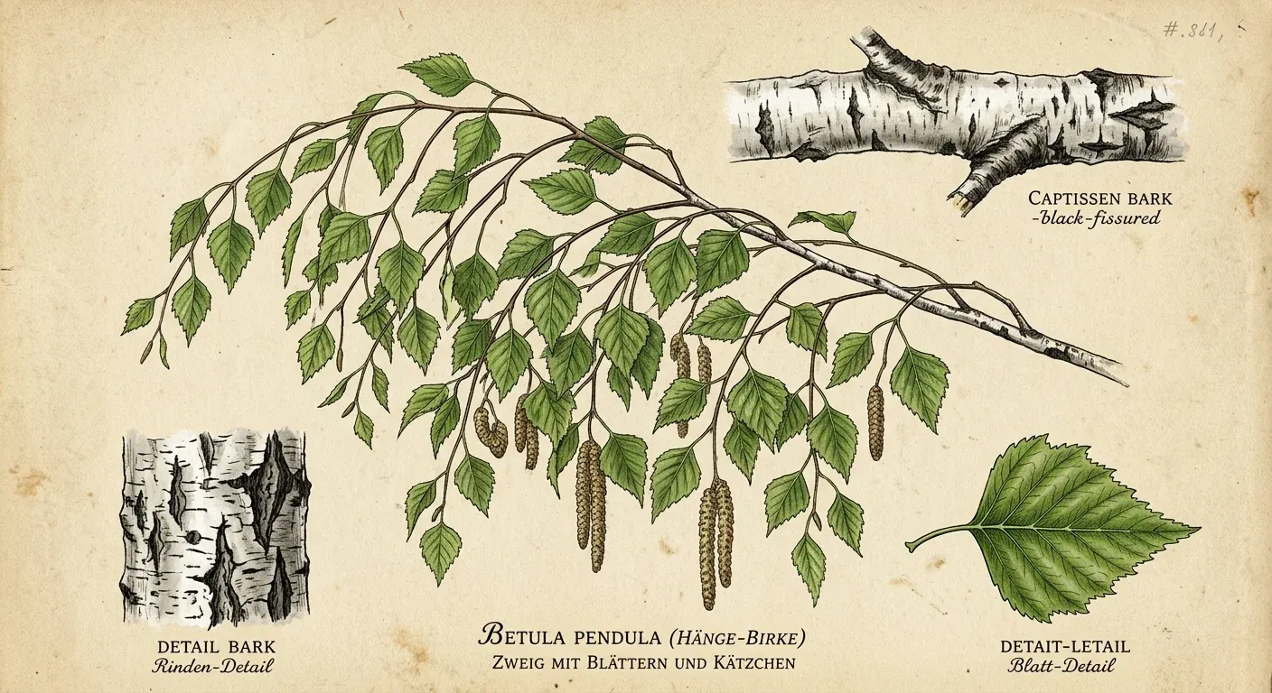 Birke (Betula pendula) — botanische Illustration im Herbarium-Stil