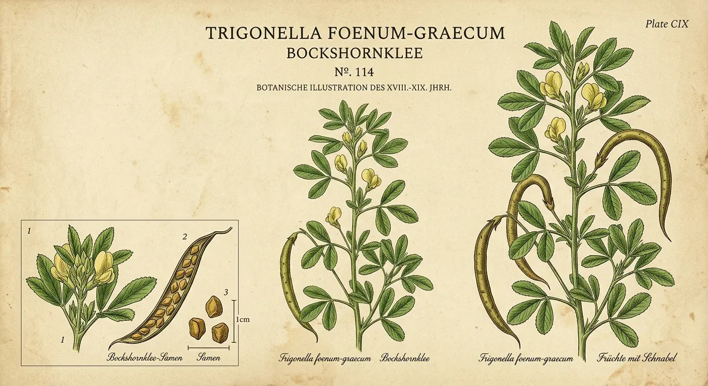 Bockshornklee (Trigonella foenum-graecum) — botanische Illustration im Herbarium-Stil