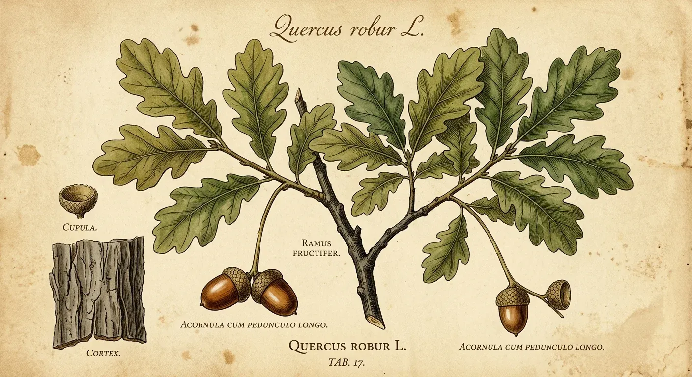 Eichenrinde (Quercus robur) — botanische Illustration im Herbarium-Stil