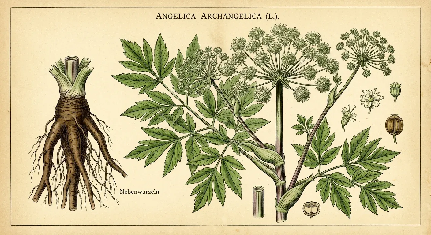 Engelwurz (Angelica archangelica) — botanische Illustration im Herbarium-Stil