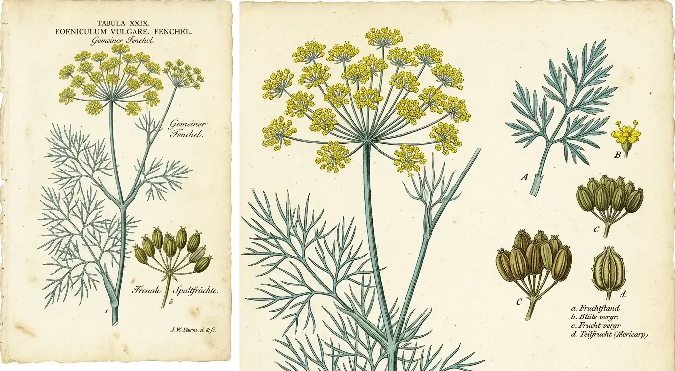 Fenchel (Foeniculum vulgare) — botanische Illustration im Herbarium-Stil
