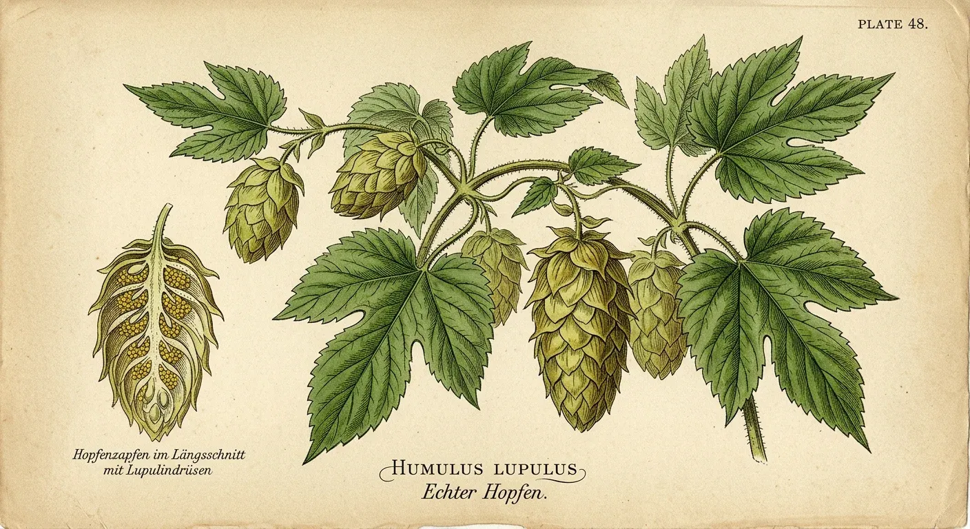 Hopfen (Humulus lupulus) — botanische Illustration im Herbarium-Stil