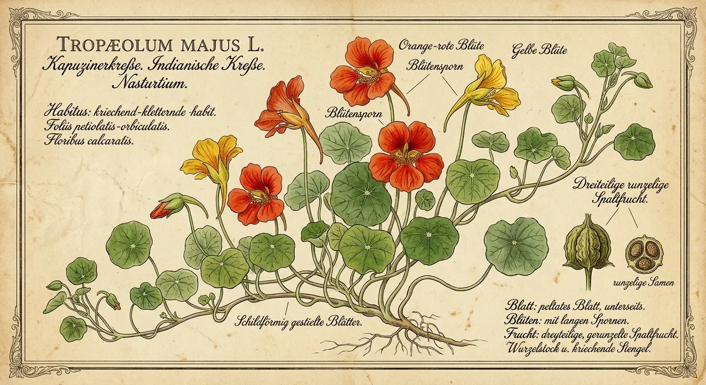 Kapuzinerkresse (Tropaeolum majus) — botanische Illustration im Herbarium-Stil