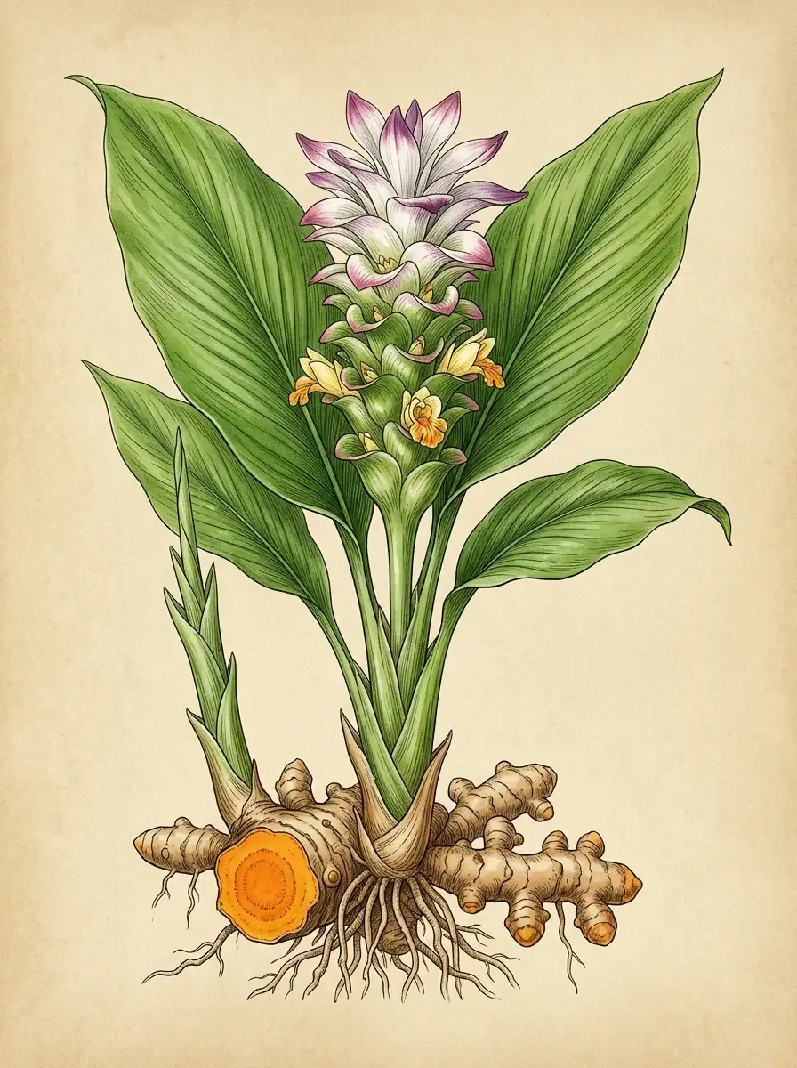 Kurkuma (Gelbwurz) — botanische Illustration