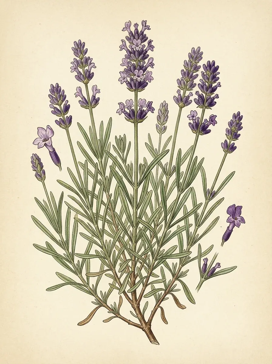Lavendel (Lavandula angustifolia) — botanische Illustration im Herbarium-Stil
