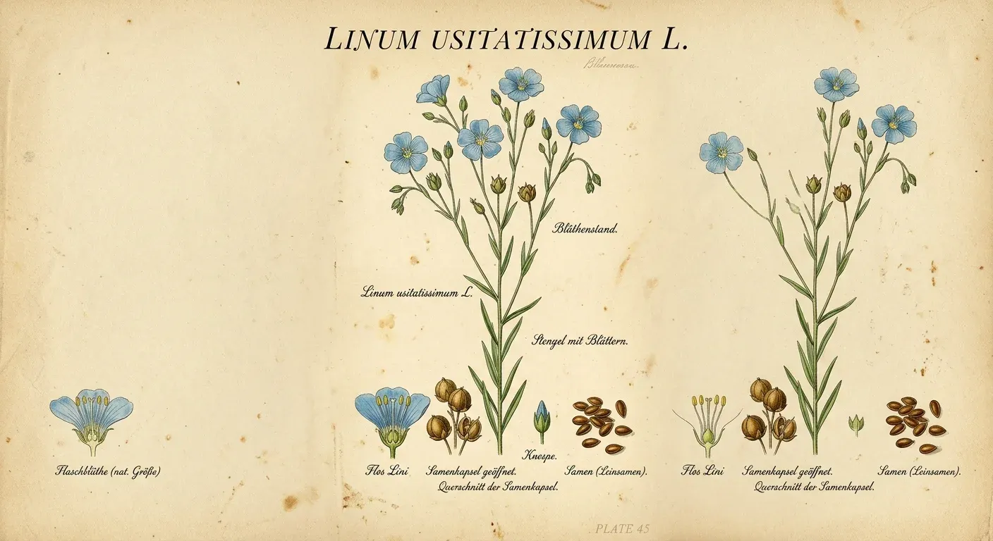 Leinsamen (Linum usitatissimum) — botanische Illustration im Herbarium-Stil