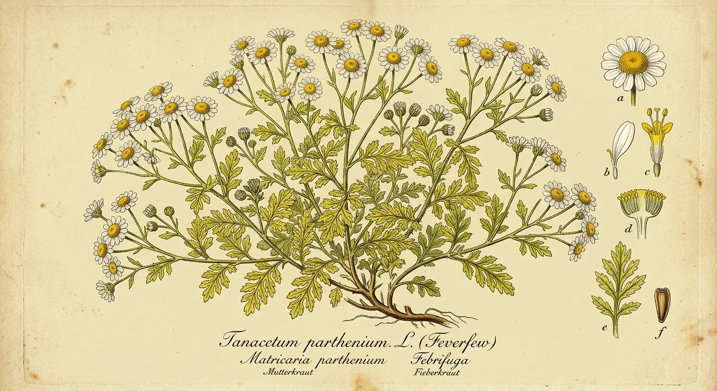 Mutterkraut (Tanacetum parthenium) — botanische Illustration im Herbarium-Stil