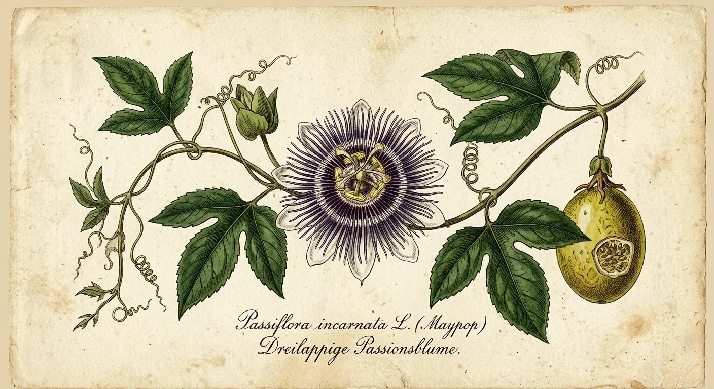 Passionsblume (Passiflora incarnata) — botanische Illustration im Herbarium-Stil