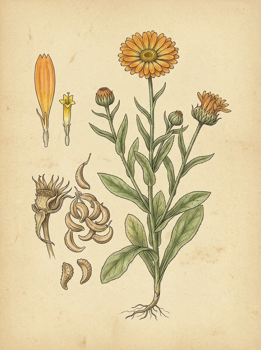Ringelblume (Calendula officinalis) — botanische Illustration im Herbarium-Stil
