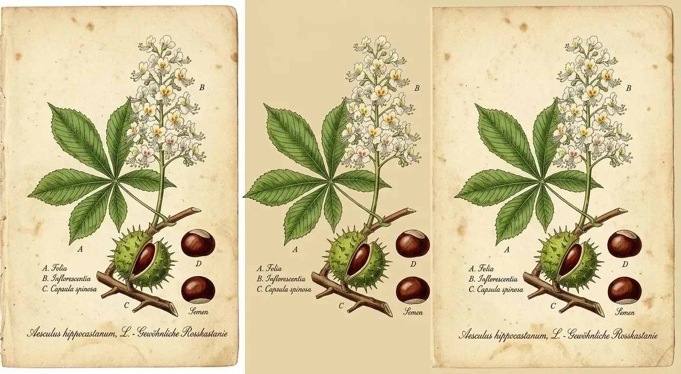 Rosskastanie (Aesculus hippocastanum) — botanische Illustration im Herbarium-Stil