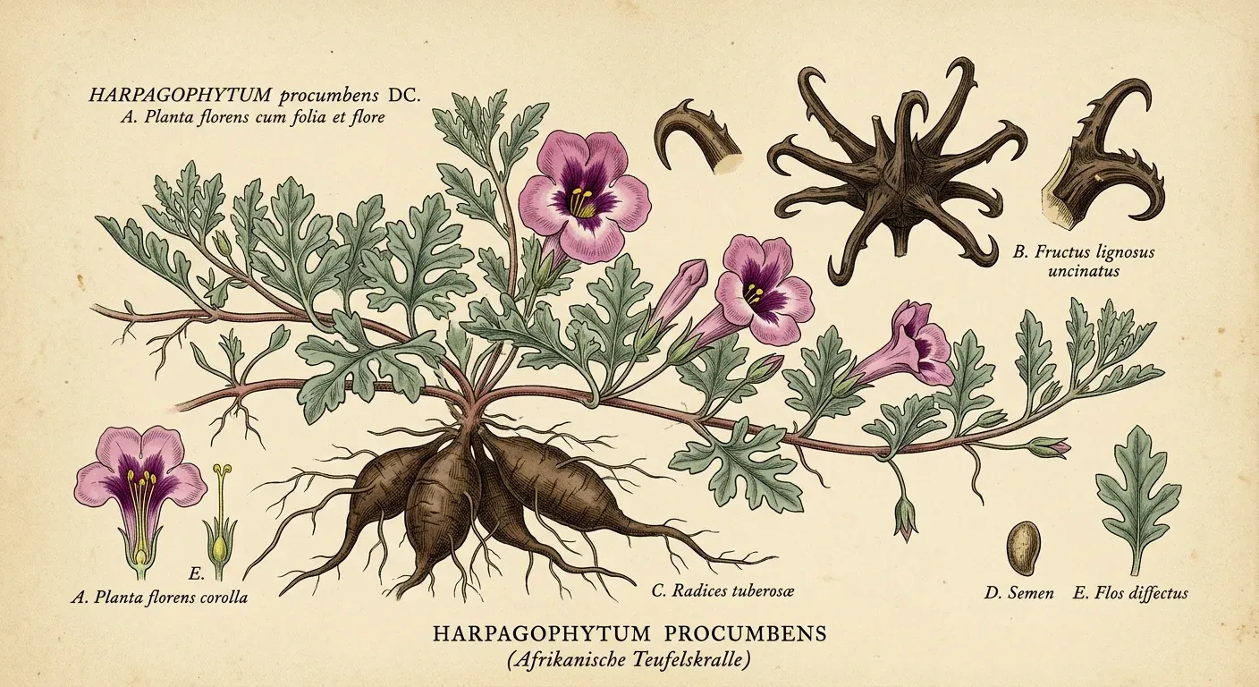 Teufelskralle (Harpagophytum procumbens) — botanische Illustration im Herbarium-Stil