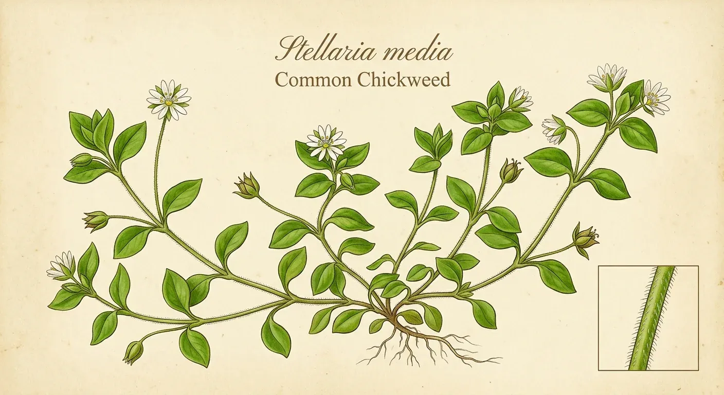 Vogelmiere (Stellaria media) — botanische Illustration im Herbarium-Stil