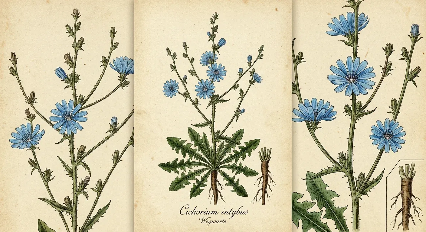 Wegwarte (Cichorium intybus) — botanische Illustration im Herbarium-Stil