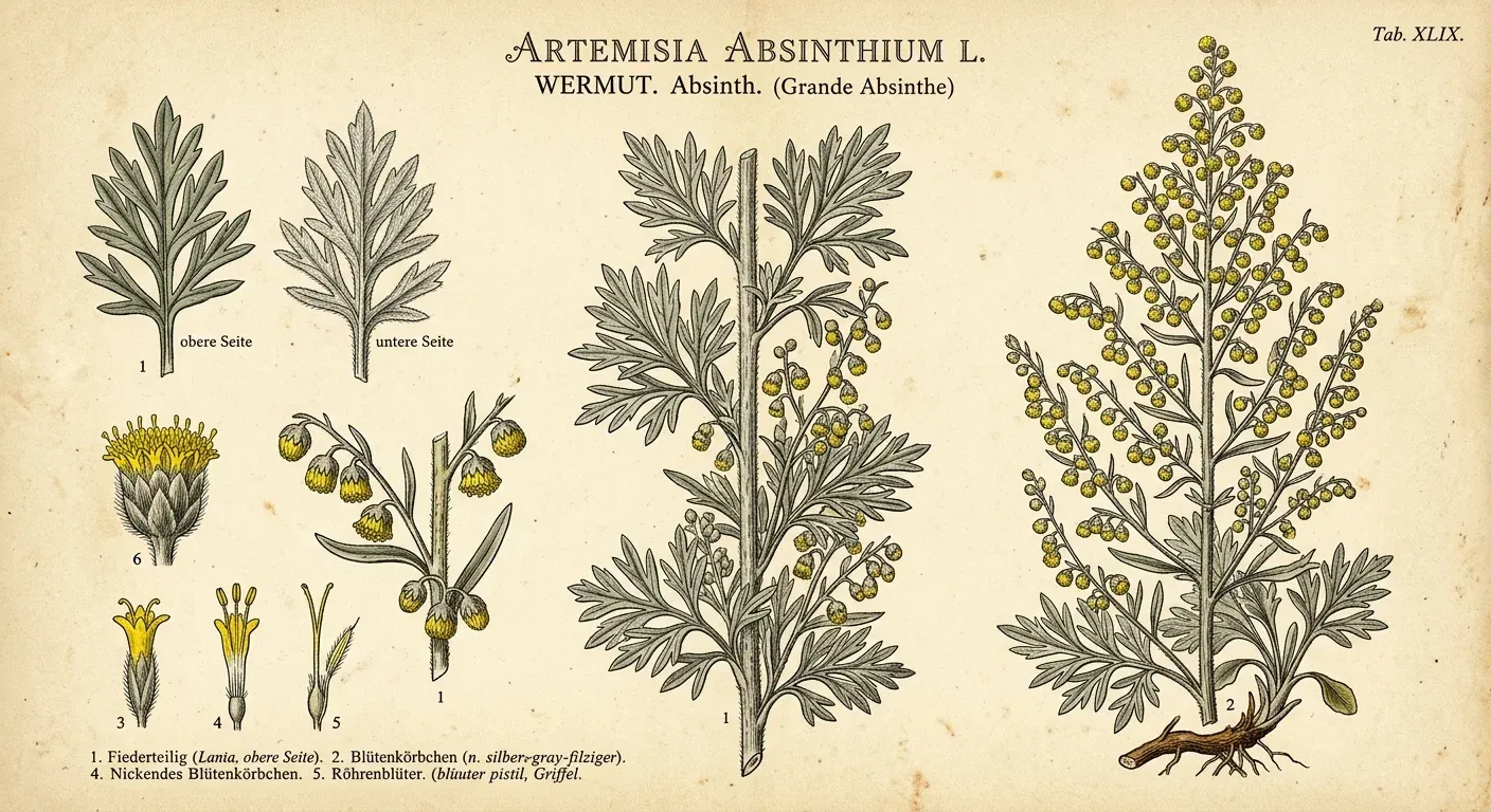 Wermut (Artemisia absinthium) — botanische Illustration im Herbarium-Stil