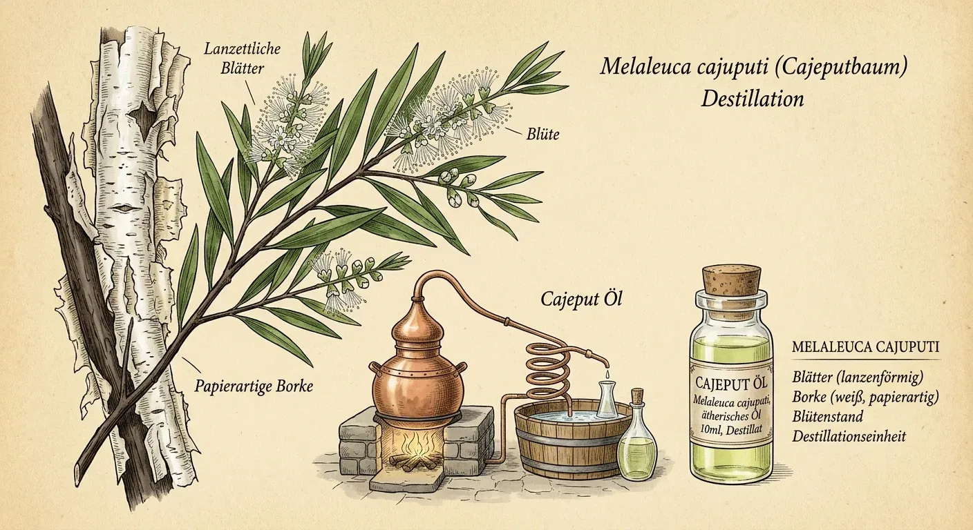 Cajeputöl (Melaleuca cajuputi) — Illustration im Herbarium-Stil