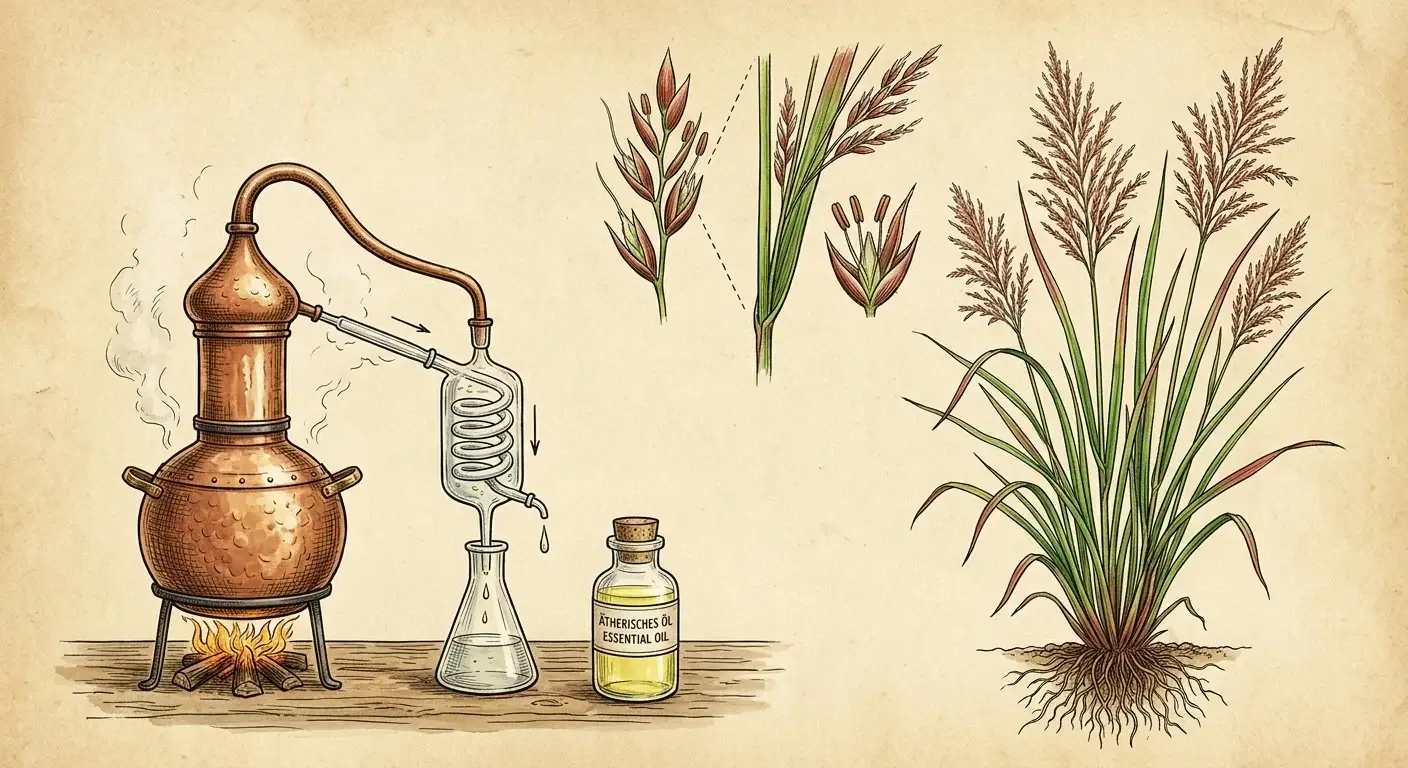 Palmarosaöl (Cymbopogon martinii) — Illustration