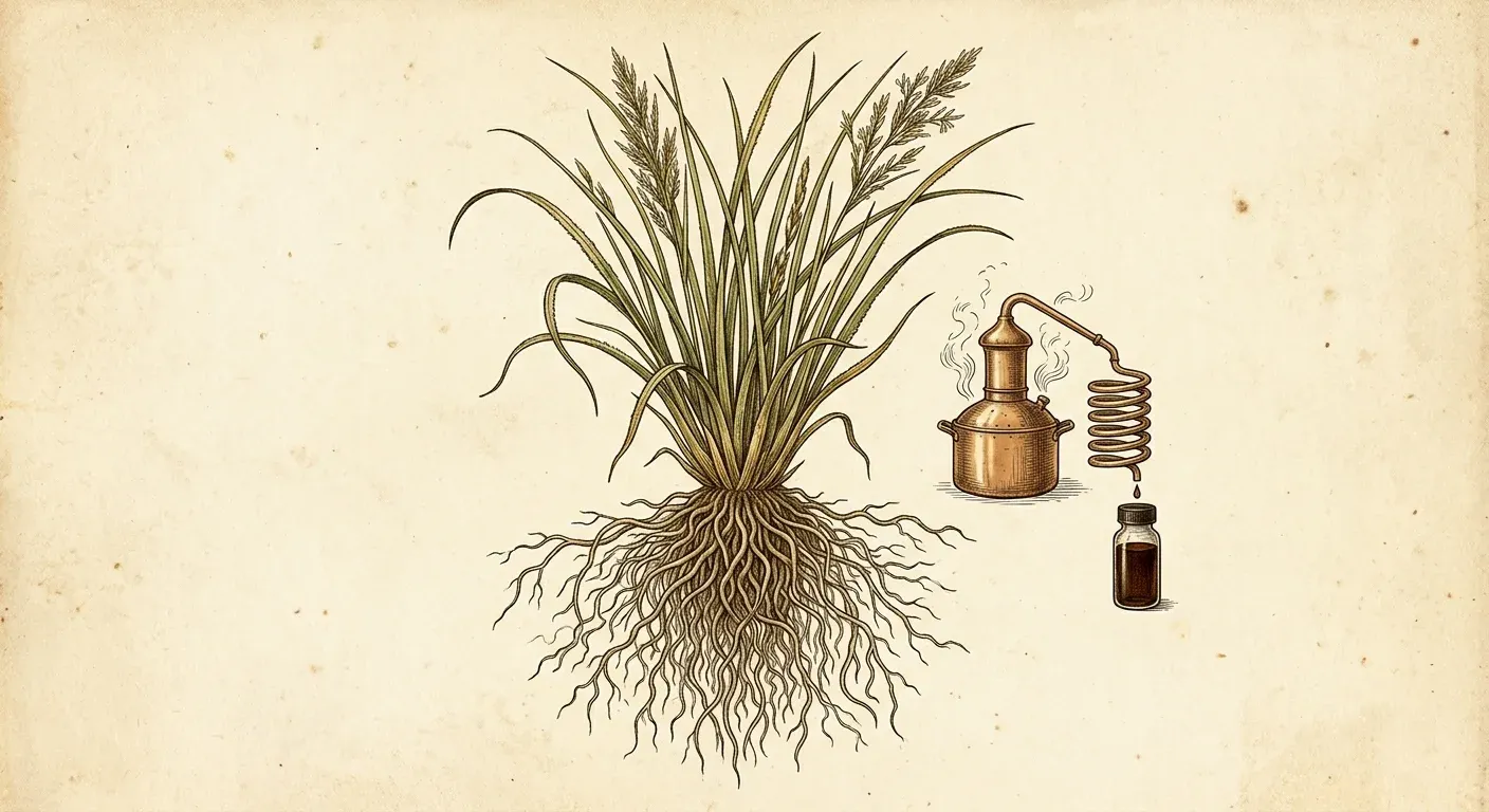 Vetiveröl (Chrysopogon zizanioides) — Illustration im Herbarium-Stil