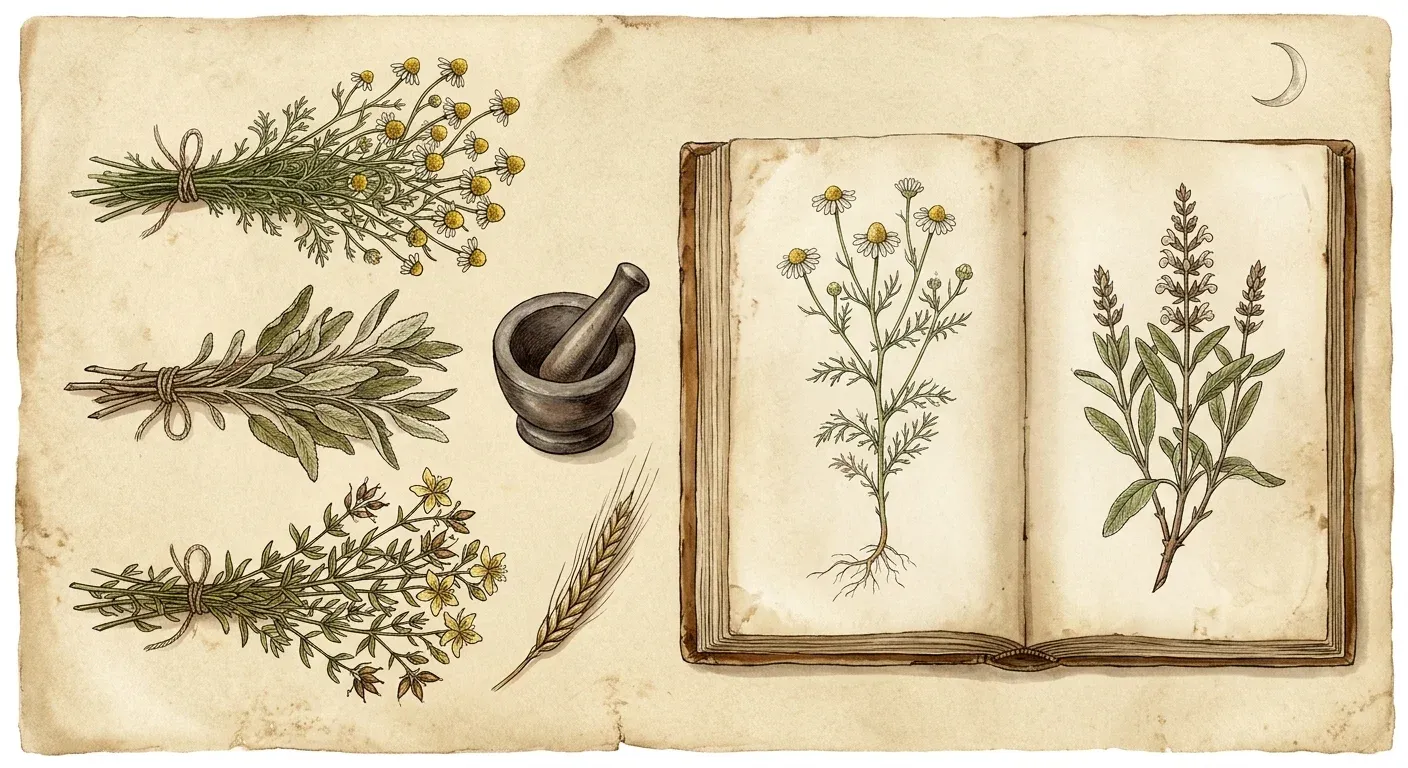 Getrocknete Kräuterbündel, ein Mörser und ein aufgeschlagenes Kräuterbuch mit Pflanzenzeichnungen – Illustration im Herbarium-Stil